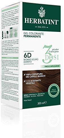 Herbatint Permanentes Farbgel 3 Dosen, 300 ml – 6D Dunkelblond, goldfarben, ohne Ammoniak, für empfindliche Haut, 100% Abdeckung für weißes Haar, mit 8 natürlichen Bio-Extrakten