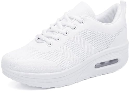 Mujer Zapatillas de Deporte Malla Air Cuña Cómodos Sneakers Mujer Casual Transpirables Running Senderismo Ligero Mesh Zapatillas,Blanco-a,40 EU
