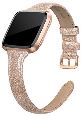 EDIMENS Bracelet en cuir véritable compatible avec Fitbit Versa 2/Fitbit Versa Lite et SE/Fitbit Versa, bracelet de rechange fin en cuir pour homme et femme, noir, champagne, or rose, marron clair