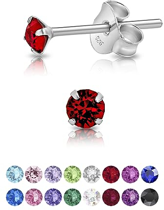 DTPsilver - Winzige Ohrringe 925 Sterling Silber mit Kristallen von Swarovski® Elements Runde Sehr kleine Ohrstecker - Durchmesser 3 mm - Farbe : Rubin