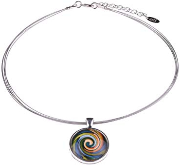Adi Modeschmuck Halsreif 'Sienna', ein leichter Anhänger aus versilbertem Messing mit farbigen Ornamenten unter einem Glas Cabochon, handgefertigt in Berlin (Multicolor)