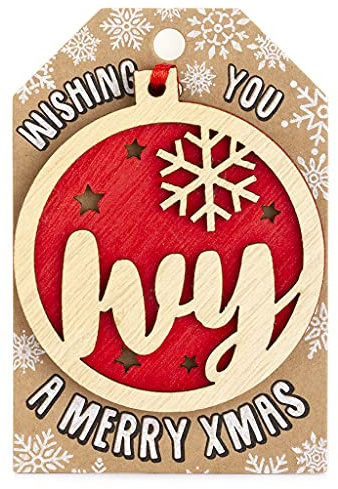 Personalised Wooden Ivy Name Red Hanging Christmas Tree Bauble Decoration