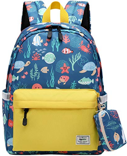 mygreen Rucksack für Baby Mädchen Jungen Vorschulkinder Rucksack mit Münzgeldbeutel, Kleinkind, Kind, Kindergarten Rucksack für Mädchen, Jungen Fisch Seestern Schildkröte Krebs Gras Druck Gelb
