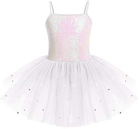 IWEMEK Kids Girls Sequins Leotard Tutu Ballet Dress Sleeveless Spaghetti Strap Skating Gymnastics Children Dancewear Fairy Swan Dance Dresses Performance Ballroom Dancer Costume White 5-6 Years