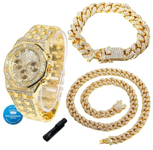 Halukakah Diamanten Gold Uhr für Jungen - 18K Echtgold Platiniert,40mm Achteckiges Zifferblatt mit Römischen Zahlen,Japanisches Quarzwerk - 20cm Länge,mit 18+40cm Cuban-Ketten & Anpassungswerkzeug