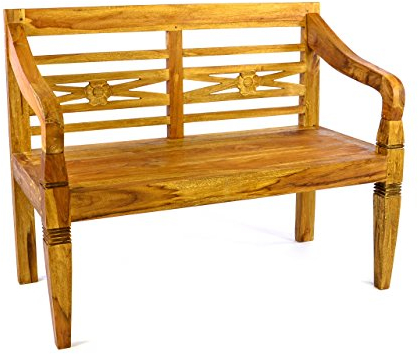 Divero Gartenbank 2-Sitzer 115 cm aus Teak-Holz Natur massiv stabil standfest Handarbeit mit Schnitzereien lasiert Bank für Terrasse Garten Balkon