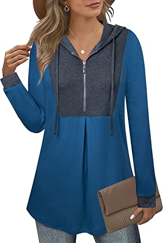 Siddhe Damen Hoodie Farbblock Pullover Kapuzenpullover Tunika Langarm Pulli mit Kapuzen 1/4 Zip Up Sweatshirt Oberteile Longshirt Locker Casual Lang Shirt Bluse, Blau Grau L