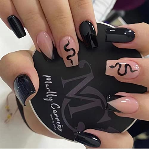 RUNRAYAY Mittelgroße Kunstnägel in Schwarz und Nude, zum Aufpressen falscher Nägel mit Schlangen-Design, Sarg-Acryl-Nägelspitzen für Frauen und Mädchen, 24 Stück