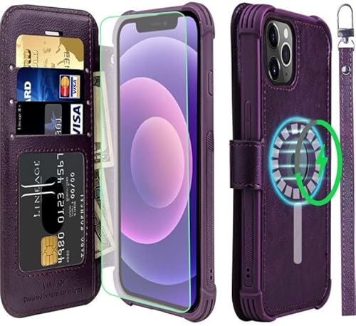VANAVAGY Compatible with iPhone 12/iPhone 12 Pro Wallet Case for Magsafe,Leather Flip Folio Wrist [Screen Protector Included][Magsafe and Wireless Charging] with RFID Block Card Holder,Purple