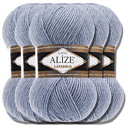Alize 5 x 100g Lanagold Türkische Premium Wolle Baumwolle und Acryl Handstrickgarne | Yarn | Garn | Strickgarn Accessoire Baby zum Häkeln Stricken Kleidung Schals (Light Denim Melange | 221)