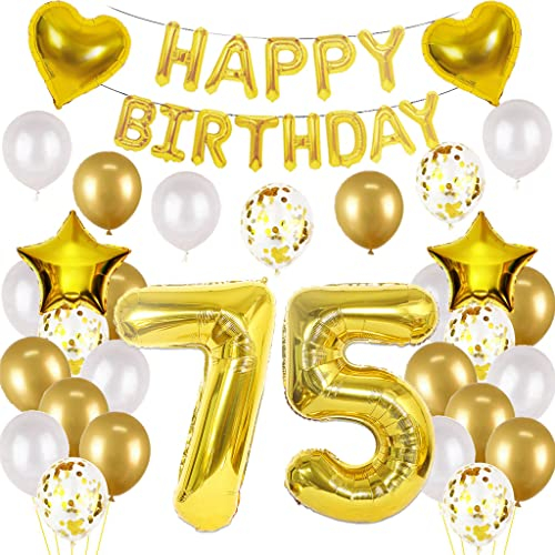 Luftballon 75. Geburtstag Deko Gold - Folienballon Happy Birthday 75th für Mann und Frau (75 Jahre)