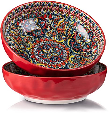 YUN TAO SIMI Ciotole per Pasta - 2218ML Piatti Fondi Grandi Colorati in Ceramica, 25,4CM Ciotole Grandi per Zuppa, Pasta, Insalata, Adatti al Forno a Microonde e Lavastoviglie, Stile Boho, Set di 2