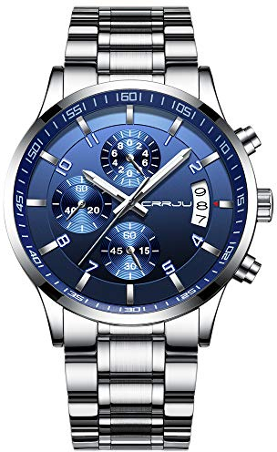 CRRJU Relojes de Pulsera para Hombres Impermeable Moda Analógico Cronómetro para Hombre de Cuarzo con Correa en Acero Inoxidable Negro Multifuncional Deportivos Reloj Regalos (Azul Plateado)