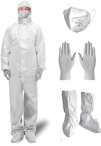 Zimchado Hazmat Suits, Shoe Covers, Face Mask and A Pair of Nitrile Gloves all Included – 5 sizes Level III, Type A Coveralls, White, M