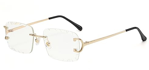 kachawoo Rahmenlose Rechteck Sonnenbrille Randlose Sonnenbrille mit gravierten Kanten Braun Blau Grau Sonnenschirme Unisex (gold with clear)