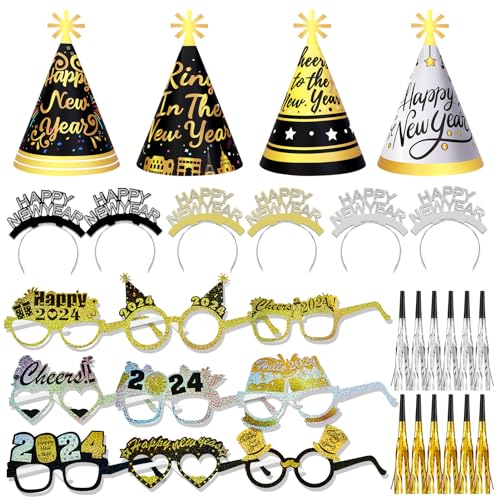 DPKOW Silvester Deko 2026 Party Set Partyhüte Silvester Haarreif Happy New Year Brille 2026 Silvester Brille Tröten für Silvester Party Hits Silvester Outfit Damen Männer Silvester Foto Requisiten