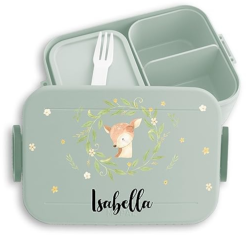 Kinder Bento Box Midi für Mepal Bentobox - Brotbox süßes Reh Lunchbox Rehkitz Vesperbox I - 900 ml - Sage Grün - brotdose kindergarten brotzeitbox mädchen schule rehlein name snackbox brotdosen