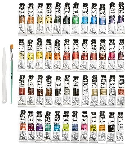 PEBEO - Studio Acrylics - Set 48 Tubes 20 Ml Couleurs Assorties + Accessoires - Kit de Peinture Acrylique pour Artiste et Débutant - Pinceaux + Spatule + Carton Toilé - Couleurs Lumineuses