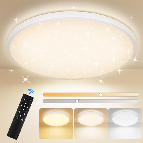 TOPPLEE Plafonnier LED à intensité variable 3000-6500 K avec télécommande, plafonnier rond ciel étoilé pour cuisine, chambre d'enfant, chambre à coucher, salon 30 cm