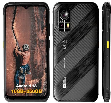 AGM H6 Rugged Smartphone 2024, Ultrathin Mobile Phone Unlocked, Android 13, 8 + 256GB, Expandable to 512TB, IP68/69K Waterproof Phone with 3 Card Slots, 4G Dual SIM, NFC, GPS