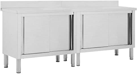 Hommdiy Arbeitsschrank mit Schiebetüren Arbeitstisch Arbeitsplatte Edelstahlschrank Gastro Schrank Schiebetürenschrank Oberschrank Edelstahl Grau 200 * 50 * 95cm