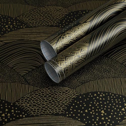 Timeet Peel and Stick Wallpaper 44x300cm Self Adhesive Wallpaper Black and Gold Striped Polka Dots Sticky Back Plastic Vinyl Film Hill Pattern Contact Paper for Bedroom Living Room Wall Cabinet