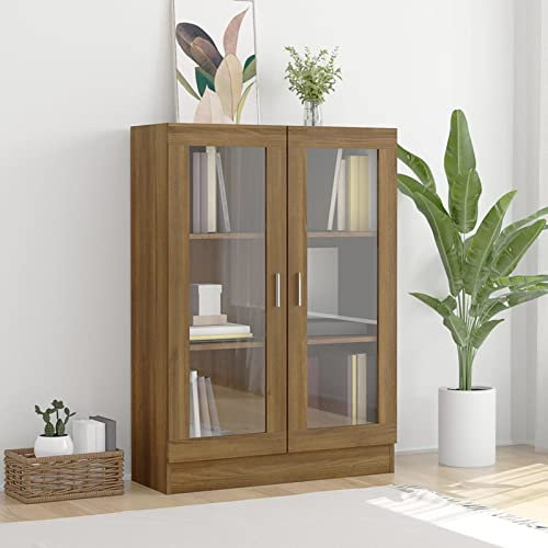 Gecheer Vitrinenschrank Bücherschrank mit 3 Fächern und 2 Türen Hochschrank Aktenschrank Vitrine Schrank für Wohnzimmer Küche Esszimmer Büro, Braun Eiche-Optik 82,5x30,5x115cm Holzwerkstoff