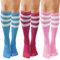 DRESHOW 3 Paires Chaussettes Hautes pour Femmes Chaussettes Montantes Longues sous Genoux Mi-bas à Triple Rayure Extensible