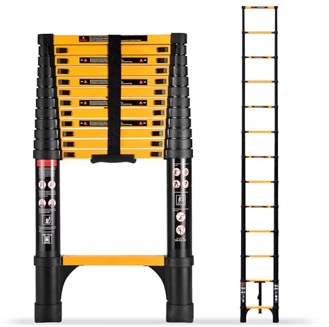 SINMEIRUN Telescoping Ladder, 12.5 FT, Aluminum Extension Ladder, 330 lbs Capacity, Collapsible Multi-Purpose Ladder for Home, Roof and RV; Yellow