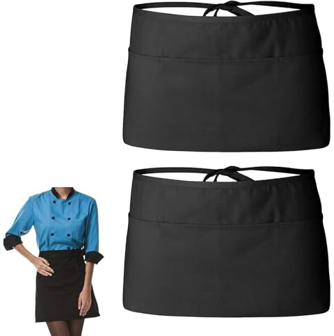 ASIRYVA 2 Pcs Black Waist Apron With 3 Pockets, Anti-drift Waist Apron For Home Kitchen Restaurant Work, Chef, Waiter, Cooking, Baking