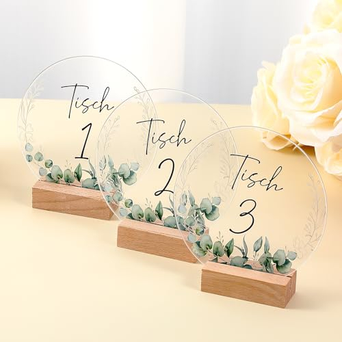 Namalu 12 Set Hochzeit Tischnummern Acrylschilder Eukalyptus Tischnummern 1-12 Acrylglas mit Ständer aus Holz Acryl Tischkarten Sitzplan Tisch Deko für Hochzeit Geburtstag Party Taufe Firmung
