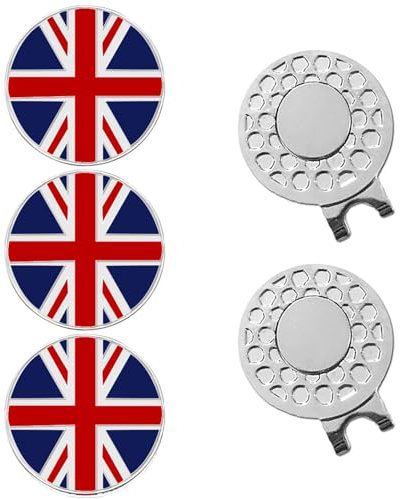 FINGER TEN Golf Ball Marker Hat Clips Magnetisch Set of 3/4/5/6 Stück Geschenk Mütze Clips mit Ballmarker oder nur Cap Clip Anzug Für Herren Damen Kinder (2 Hat Clips + 3 Britische Flagge)