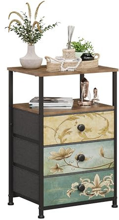 VEDECASA Chest of Drawers with Open Shelf 3 Drawers Dresser for Bedroom Vintage Bedside Table Nightstand Cabinet for Living Room Sofa Couch Closet Wood Top Metal Frame Easy to Assemble