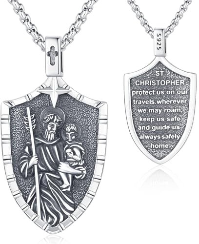 Friggem St. Christophorus Halskette 925 Sterling Silber Christophorus Schild Anhänger, Religiöse Halsketten Amulett Schmuck Geschenke für Damen und Herren