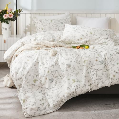 Tospass Fleurs Housse de Couette Coton 220x240cm Blanc Coloré Feuilles Floral Parure de lit 2 Personnes Adulte 3 Pièces avec Fermeture Éclair Parure Housse Couette avec 2 Taie d'oreiller 65x65cm