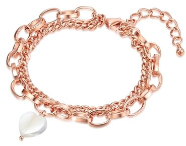 Lulu & Jane Damen Armband aus Messing rosévergoldet 14 Karat mit Perlmutt Perlenarmband 2-reihig