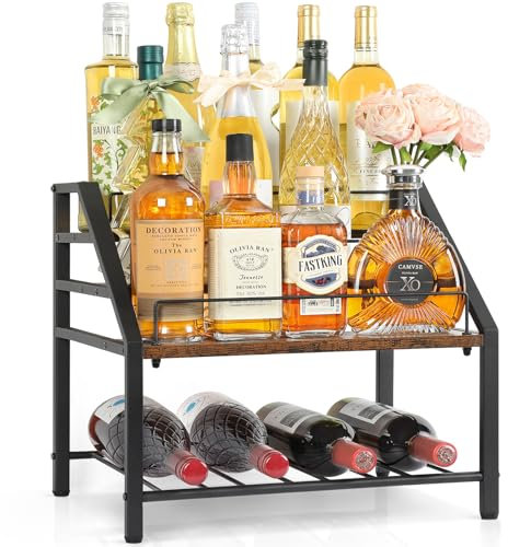 3-Tier Wine Rack Countertop, Liquor Bottle Display Shelf, Coffee Syrup Organizer, Small Wine Bottle Holder for Whiskey, Retro Bar Shelves for Home Bar, Stylish Wine Storage for Kitchen and Dining