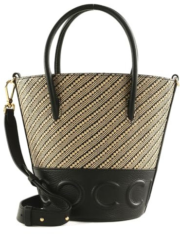 Coccinelle Leder Handtasche Schultertasche Myrtha Bicolor Straw Handbag Multi Noir/Noir schwarz