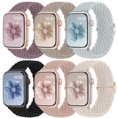 6 Stück Geflochtenes Armband Kompatibel mit Apple Watch Armband 40mm 41mm 42mm 38mm 46mm 45mm 44mm 49mm Damen Herren,Elastisch Nylon Stoff Loop Band für iWatch Ultra SE Series 10 9 8 7 6 5 4 3 2 1