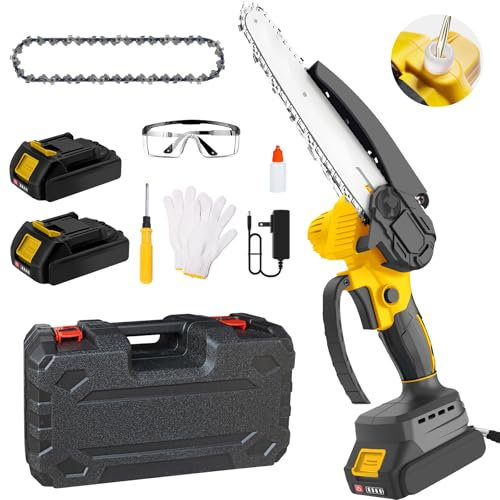8-Inch Mini Chainsaw,Cordless Chainsaw,Light Weight Battery-Powered,with 2 Chains and Two high-Capacity Batteries,with Safety Lock and Brushless Motor for Pruning Trees and Cutting Wood