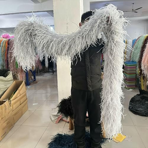 Boa de plumas de avestruz teñidas de colores, 6 plumas de avestruz de 10 capas, adorno para bodas, fiestas, ropa, manualidades, decoración, accesorios, 2 metros, gris claro, 8 capas