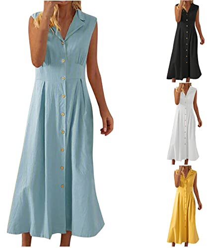 Keepink Damenkleid, lässig, Sommerkleid, elegant, Boho, Blumenmuster, Strand, kurzes Sommerkleid, Kunstknöpfe, V-Ausschnitt, ärmellos, Tankkleid, Ausgehen, Urlaub, modische Kleidung, 4 blau, XL