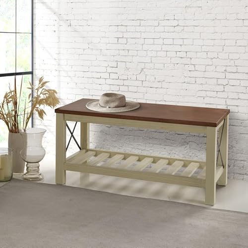 Mercers Furniture Pine Bench With Slatted Storage Shelf Painted White Cream Wooden 59cm High x107cm Wide x 42cm Deep
