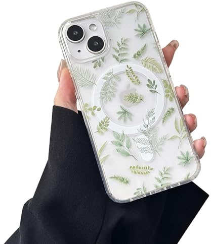 ZTOFERA kompatibel mit MagSafe,für iPhone 15 Hülle Blumen,Grünes Blatt | Transparente, Weicher TPU-Rahmen,stoßfest und schützend,leicht abnehmbar