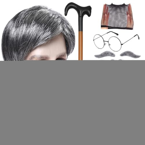 Morpharskostym für Männer Erwachsene Größe,Großvater-Kostüm,8pcs/Set Cane Brille Faux Augenbraue Fliege Perücke Kappe - Old Man Kostüm für Halloween Weihnachten Cosplay Themenparty