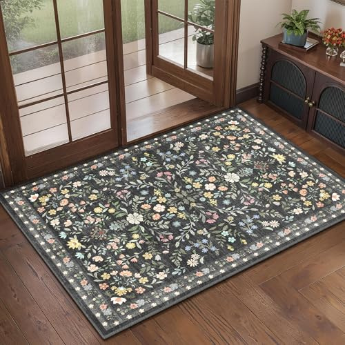 XSIVOD Washable Small Rug, Floral Non Slip Door Mat, 60x90cm, Black/Harmony | Soft Non slip Low Pile Vintage Rug, Rubber Backing, Stain & Fade Resistant, for Entryway Kitchen Bathroom Indoor Entrance