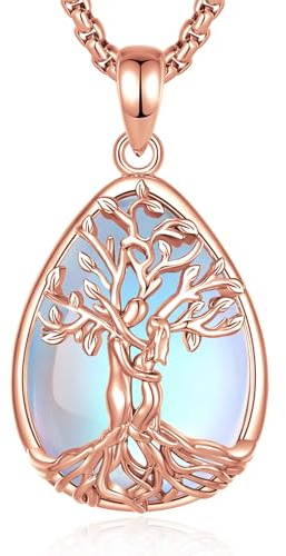 INFUSEU Collier Arbre De Vie Arbre Généalogique Cristal Obsidienne/Cornaline/Améthyste/Pierre de Lune/Malachite/Turquoise Pendentif Guérison Protection Medaillon Bijoux Cadeau Pour Femme