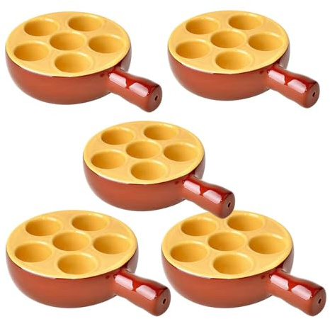 PEGANE Lot de 5 poêlons à escargots 6 Trous en Porcelaine Plat pour escargots avec poignée,Passe au Four et Lave-Vaisselle - 12 x 3,5 cm