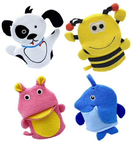 4 Stück Junge Mädchen Badehandschuhe Cartoon Tiermotive aus Baumwolle | Weiche Struktur, Reiches Aufschäumen, Leicht zu Reinigen, 25x19x2cm, für Bad und Camping