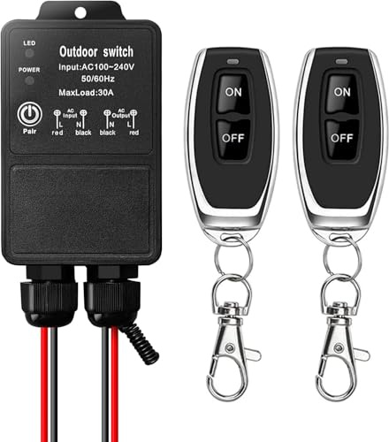 DOMO-MATIC Interrupteur sans fil de télécommande AC 100-240 V 30 A, relais récepteur étanche avec 2 émetteurs 433 MHz, pour éclairage extérieur, pompe à eau, jardin, garage (CA 100-240 V)
